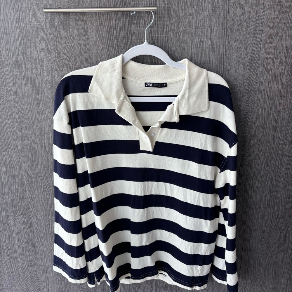 Zara Cream and Navy Striped Rugby Collared Shirt